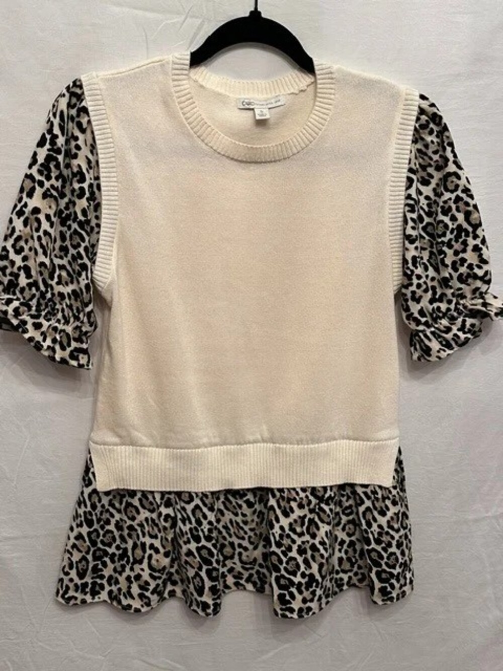 Cato Cream Leopard Print Sweater Knit Mixed Media Top Women's Small